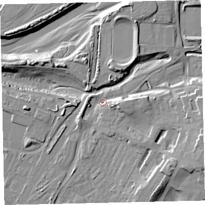 Shaded relief map of the ground around CA142HF, computed from Environment Agency LiDAR. The ground here sits at about 5 m above sea level and falls 20 m across the surrounding 800 m. Surface water reaching this point runs off ground lying to the east-south-east, 13.1 m higher.
