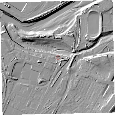 Shaded relief map of the ground around CA142HX, computed from Environment Agency LiDAR. The ground here sits at about 6 m above sea level and falls 18 m across the surrounding 800 m. Surface water reaching this point runs off ground lying to the east-south-east, 3.8 m higher.