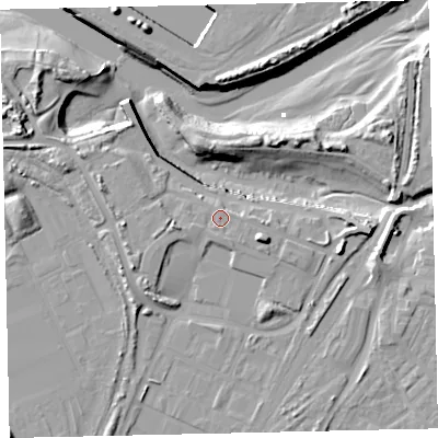 Shaded relief map of the ground around CA142JD, computed from Environment Agency LiDAR. The ground here sits at about 8 m above sea level and falls 16 m across the surrounding 800 m. Surface water reaching this point runs off ground lying to the south-south-east, 1.1 m higher.