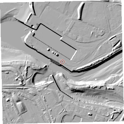 Shaded relief map of the ground around CA142JH, computed from Environment Agency LiDAR. The ground here sits at about 7 m above sea level and falls 16 m across the surrounding 800 m. Surface water reaching this point runs off ground lying to the north-west, 5.3 m higher.