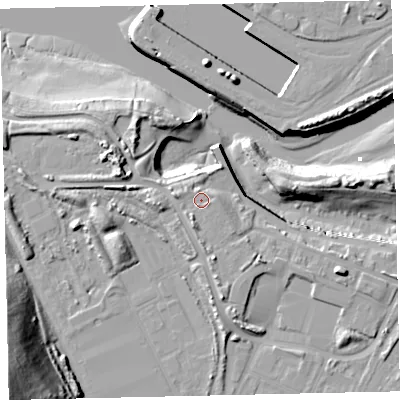 Shaded relief map of the ground around CA142JJ, computed from Environment Agency LiDAR. The ground here sits at about 9 m above sea level and falls 45 m across the surrounding 800 m. Surface water reaching this point runs off ground lying to the south-south-west, 3.2 m higher.