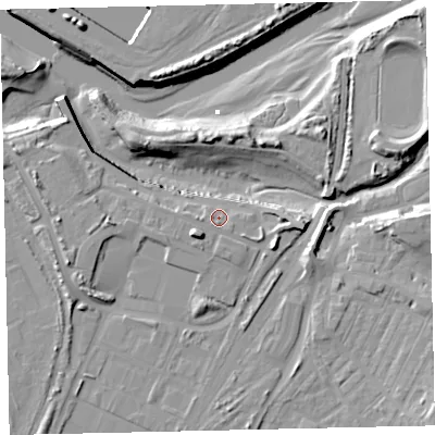 Shaded relief map of the ground around CA142JL, computed from Environment Agency LiDAR. The ground here sits at about 7 m above sea level and falls 16 m across the surrounding 800 m. Surface water reaching this point runs off ground lying to the west, 2.6 m higher.