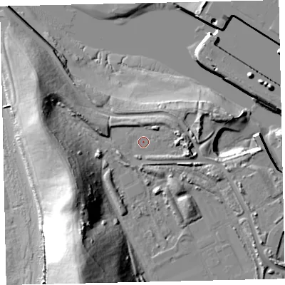Shaded relief map of the ground around CA142JS, computed from Environment Agency LiDAR. The ground here sits at about 9 m above sea level and falls 54 m across the surrounding 800 m. Surface water reaching this point runs off ground lying to the east, 4.3 m higher.