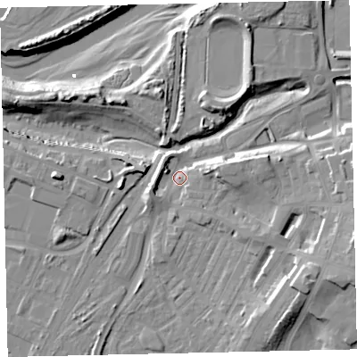 Shaded relief map of the ground around CA142XD, computed from Environment Agency LiDAR. The ground here sits at about 7 m above sea level and falls 19 m across the surrounding 800 m. Surface water reaching this point runs off ground lying to the east-south-east, 9.4 m higher.