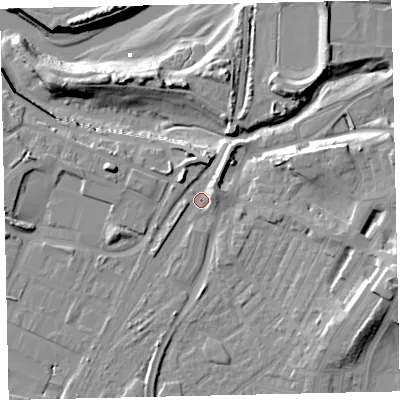Shaded relief map of the ground around CA142XE, computed from Environment Agency LiDAR. The ground here sits at about 6 m above sea level and falls 19 m across the surrounding 800 m. Surface water reaching this point runs off ground lying to the north-east, 3.3 m higher.