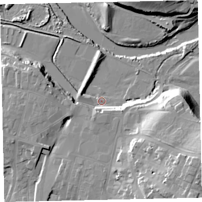 Shaded relief map of the ground around CA143DB, computed from Environment Agency LiDAR. The ground here sits at about 7 m above sea level and falls 36 m across the surrounding 800 m. Surface water reaching this point runs off ground lying to the east-south-east, 13.5 m higher.
