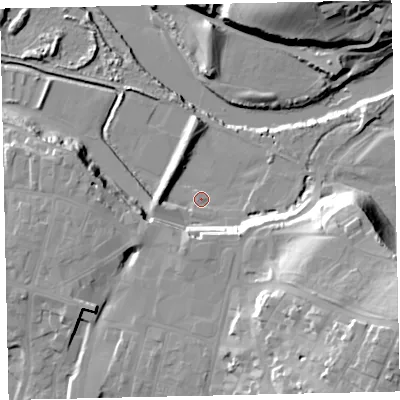 Shaded relief map of the ground around CA143YH, computed from Environment Agency LiDAR. The ground here sits at about 6 m above sea level and falls 37 m across the surrounding 800 m. Surface water reaching this point runs off ground lying to the east-south-east, 13.8 m higher.