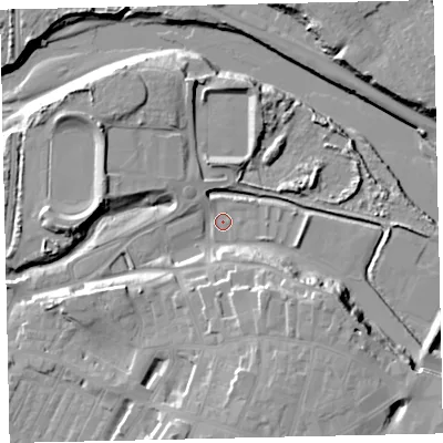 Shaded relief map of the ground around CA143YJ, computed from Environment Agency LiDAR. The ground here sits at about 6 m above sea level and falls 20 m across the surrounding 800 m. Surface water reaching this point runs off ground lying to the south-east, 12.2 m higher.