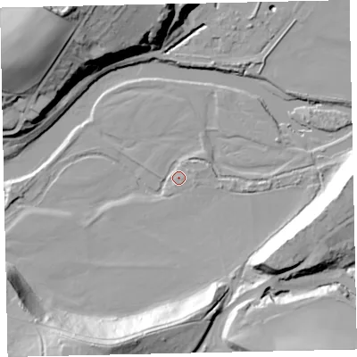 Shaded relief map of the ground around CA144AA, computed from Environment Agency LiDAR. The ground here sits at about 9 m above sea level and falls 41 m across the surrounding 800 m. Surface water reaching this point runs off ground lying to the east-north-east, 2.9 m higher.