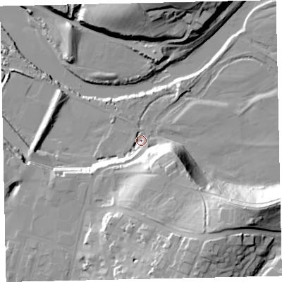 Shaded relief map of the ground around CA144AF, computed from Environment Agency LiDAR. The ground here sits at about 7 m above sea level and falls 40 m across the surrounding 800 m. Surface water reaching this point runs off ground lying to the south-south-east, 30.9 m higher.
