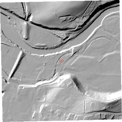 Shaded relief map of the ground around CA144AG, computed from Environment Agency LiDAR. The ground here sits at about 6 m above sea level and falls 40 m across the surrounding 800 m. Surface water reaching this point runs off ground lying to the south-east, 36.2 m higher.