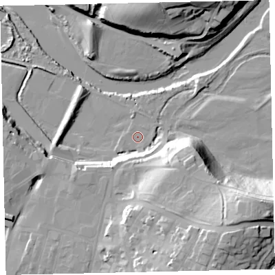 Shaded relief map of the ground around CA144AP, computed from Environment Agency LiDAR. The ground here sits at about 7 m above sea level and falls 40 m across the surrounding 800 m. Surface water reaching this point runs off ground lying to the south-south-east, 0.8 m higher.