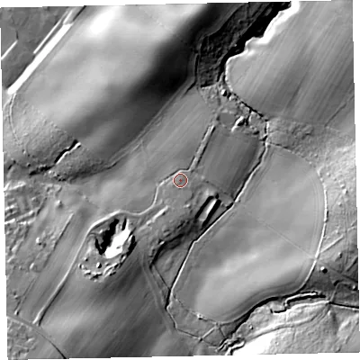 Shaded relief map of the ground around CA144JB, computed from Environment Agency LiDAR. The ground here sits at about 48 m above sea level and falls 43 m across the surrounding 800 m. Surface water reaching this point runs off ground lying to the south, 3.2 m higher.