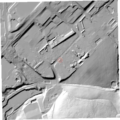 Shaded relief map of the ground around CA144JP, computed from Environment Agency LiDAR. The ground here sits at about 91 m above sea level and falls 45 m across the surrounding 800 m. Surface water reaching this point runs off ground lying to the north-north-west, 16.4 m higher.