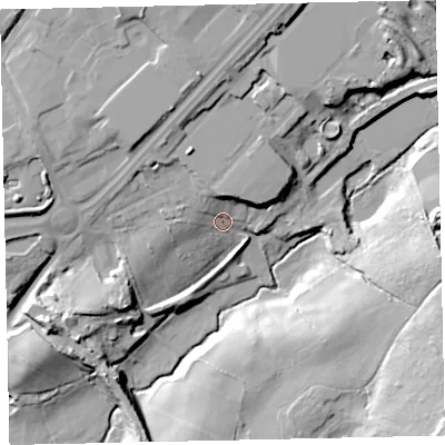 Shaded relief map of the ground around CA144NZ, computed from Environment Agency LiDAR. The ground here sits at about 75 m above sea level and falls 33 m across the surrounding 800 m. Surface water reaching this point runs off ground lying to the north, 8.3 m higher.