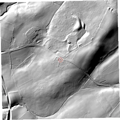 Shaded relief map of the ground around CA144QY, computed from Environment Agency LiDAR. The ground here sits at about 93 m above sea level and falls 47 m across the surrounding 800 m. Surface water reaching this point runs off ground lying to the east-north-east, 13.6 m higher.