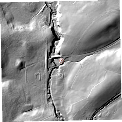 Shaded relief map of the ground around CA144RG, computed from Environment Agency LiDAR. The ground here sits at about 103 m above sea level and falls 36 m across the surrounding 800 m. Surface water reaching this point runs off ground lying to the east-south-east, 28.6 m higher.