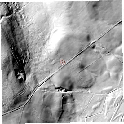 Shaded relief map of the ground around CA144RJ, computed from Environment Agency LiDAR. The ground here sits at about 129 m above sea level and falls 95 m across the surrounding 800 m. Surface water reaching this point runs off ground lying to the north-north-west, 9.6 m higher.