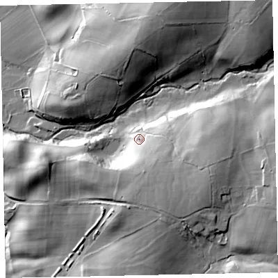 Shaded relief map of the ground around CA144SA, computed from Environment Agency LiDAR. The ground here sits at about 135 m above sea level and falls 40 m across the surrounding 800 m. Surface water reaching this point runs off ground lying to the south-east, 17.7 m higher.