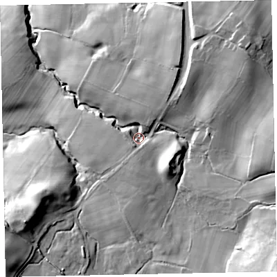 Shaded relief map of the ground around CA144SF, computed from Environment Agency LiDAR. The ground here sits at about 158 m above sea level and falls 53 m across the surrounding 800 m. Surface water reaching this point runs off ground lying to the south-east, 32.7 m higher.