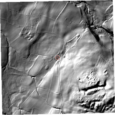 Shaded relief map of the ground around CA144SH, computed from Environment Agency LiDAR. The ground here sits at about 198 m above sea level and falls 129 m across the surrounding 800 m. Surface water reaching this point runs off ground lying to the south-east, 73.3 m higher.