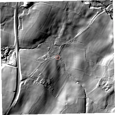 Shaded relief map of the ground around CA144SQ, computed from Environment Agency LiDAR. The ground here sits at about 160 m above sea level and falls 41 m across the surrounding 800 m. Surface water reaching this point runs off ground lying to the south-east, 28.4 m higher.