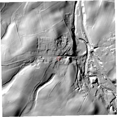 Shaded relief map of the ground around CA144SZ, computed from Environment Agency LiDAR. The ground here sits at about 98 m above sea level and falls 50 m across the surrounding 800 m. Surface water reaching this point runs off ground lying to the west-south-west, 19.0 m higher.