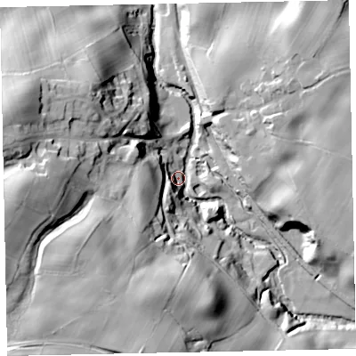 Shaded relief map of the ground around CA144TA, computed from Environment Agency LiDAR. The ground here sits at about 77 m above sea level and falls 43 m across the surrounding 800 m. Surface water reaching this point runs off ground lying to the south-south-west, 38.2 m higher.