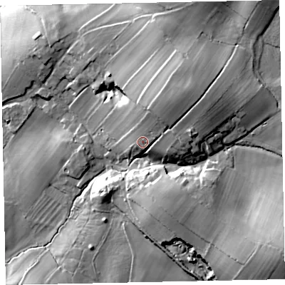 Shaded relief map of the ground around CA144TJ, computed from Environment Agency LiDAR. The ground here sits at about 119 m above sea level and falls 38 m across the surrounding 800 m. Surface water reaching this point runs off ground lying to the north-east, 13.7 m higher.
