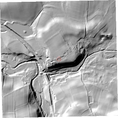 Shaded relief map of the ground around CA144TP, computed from Environment Agency LiDAR. The ground here sits at about 112 m above sea level and falls 35 m across the surrounding 800 m. Surface water reaching this point runs off ground lying to the west-south-west, 1.1 m higher.