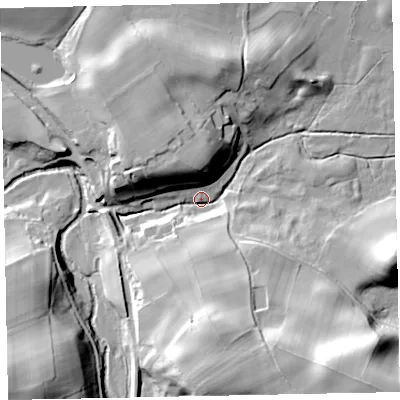 Shaded relief map of the ground around CA144TR, computed from Environment Agency LiDAR. The ground here sits at about 97 m above sea level and falls 38 m across the surrounding 800 m. Surface water reaching this point runs off ground lying to the south-east, 33.4 m higher.