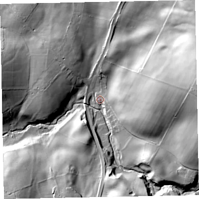 Shaded relief map of the ground around CA144TU, computed from Environment Agency LiDAR. The ground here sits at about 142 m above sea level and falls 48 m across the surrounding 800 m. Surface water reaching this point runs off ground lying to the east, 38.2 m higher.