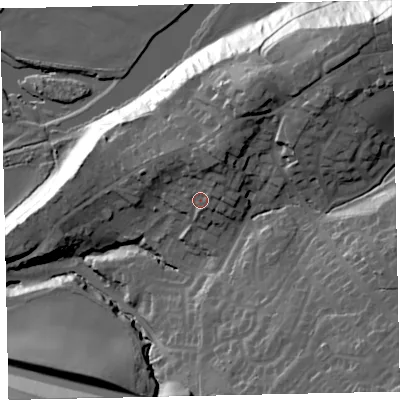 Shaded relief map of the ground around CA144UH, computed from Environment Agency LiDAR. The ground here sits at about 33 m above sea level and falls 45 m across the surrounding 800 m. Surface water reaching this point runs off ground lying to the north-north-east, 8.1 m higher.