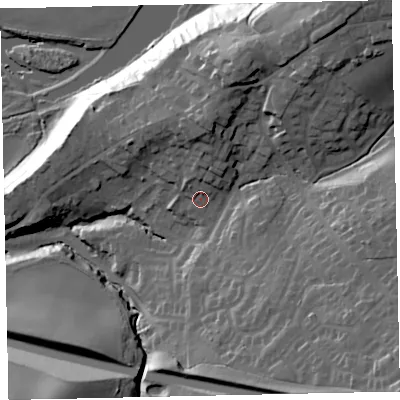 Shaded relief map of the ground around CA144UP, computed from Environment Agency LiDAR. The ground here sits at about 29 m above sea level and falls 46 m across the surrounding 800 m. Surface water reaching this point runs off ground lying to the north, 5.2 m higher.
