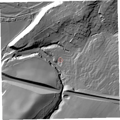 Shaded relief map of the ground around CA144UT, computed from Environment Agency LiDAR. The ground here sits at about 25 m above sea level and falls 47 m across the surrounding 800 m. Surface water reaching this point runs off ground lying to the east-south-east, 4.6 m higher.