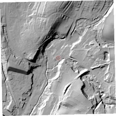 Shaded relief map of the ground around CA145PP, computed from Environment Agency LiDAR. The ground here sits at about 16 m above sea level and falls 48 m across the surrounding 800 m. Surface water reaching this point runs off ground lying to the south-south-east, 33.0 m higher.