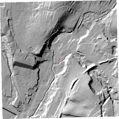 Shaded relief map of the ground around CA145PS, computed from Environment Agency LiDAR. The ground here sits at about 15 m above sea level and falls 53 m across the surrounding 800 m. Surface water reaching this point runs off ground lying to the south-east, 39.7 m higher.