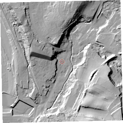 Shaded relief map of the ground around CA145PT, computed from Environment Agency LiDAR. The ground here sits at about 12 m above sea level and falls 58 m across the surrounding 800 m. Surface water reaching this point runs off ground lying to the north, 26.8 m higher.