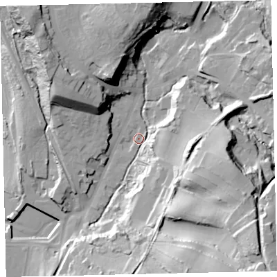 Shaded relief map of the ground around CA145PU, computed from Environment Agency LiDAR. The ground here sits at about 12 m above sea level and falls 59 m across the surrounding 800 m. Surface water reaching this point runs off ground lying to the east-south-east, 35.8 m higher.