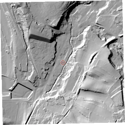 Shaded relief map of the ground around CA145PY, computed from Environment Agency LiDAR. The ground here sits at about 11 m above sea level and falls 64 m across the surrounding 800 m. Surface water reaching this point runs off ground lying to the east, 36.6 m higher.