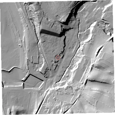 Shaded relief map of the ground around CA145QB, computed from Environment Agency LiDAR. The ground here sits at about 13 m above sea level and falls 65 m across the surrounding 800 m. Surface water reaching this point runs off ground lying to the north-north-west, 4.4 m higher.