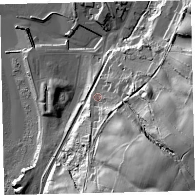 Shaded relief map of the ground around CA145QL, computed from Environment Agency LiDAR. The ground here sits at about 21 m above sea level and falls 75 m across the surrounding 800 m. Surface water reaching this point runs off ground lying to the south-south-east, 41.0 m higher.