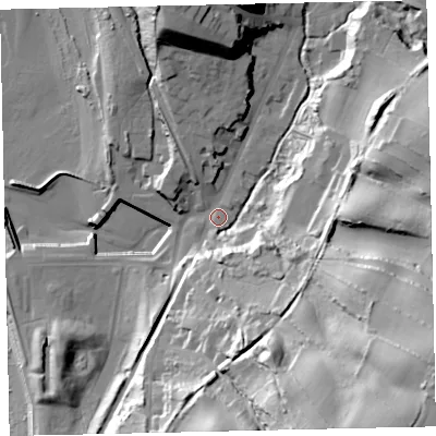Shaded relief map of the ground around CA145QP, computed from Environment Agency LiDAR. The ground here sits at about 10 m above sea level and falls 69 m across the surrounding 800 m. Surface water reaching this point runs off ground lying to the south-east, 59.6 m higher.