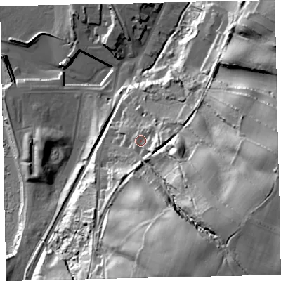 Shaded relief map of the ground around CA145QS, computed from Environment Agency LiDAR. The ground here sits at about 27 m above sea level and falls 74 m across the surrounding 800 m. Surface water reaching this point runs off ground lying to the south-east, 36.7 m higher.