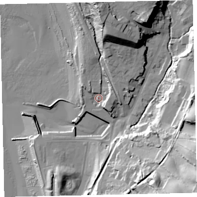 Shaded relief map of the ground around CA145QW, computed from Environment Agency LiDAR. The ground here sits at about 8 m above sea level and falls 58 m across the surrounding 800 m. Surface water reaching this point runs off ground lying to the north, 28.8 m higher.