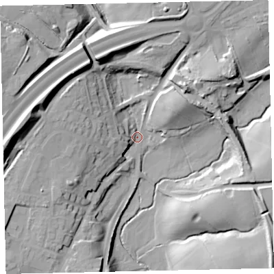 Shaded relief map of the ground around CA145SP, computed from Environment Agency LiDAR. The ground here sits at about 64 m above sea level and falls 33 m across the surrounding 800 m. Surface water reaching this point runs off ground lying to the west, 26.9 m higher.