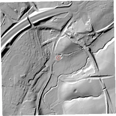 Shaded relief map of the ground around CA145SR, computed from Environment Agency LiDAR. The ground here sits at about 64 m above sea level and falls 33 m across the surrounding 800 m. Surface water reaching this point runs off ground lying to the west, 26.8 m higher.
