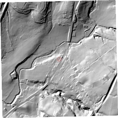 Shaded relief map of the ground around CA145XU, computed from Environment Agency LiDAR. The ground here sits at about 58 m above sea level and falls 70 m across the surrounding 800 m. Surface water reaching this point runs off ground lying to the south-east, 18.6 m higher.