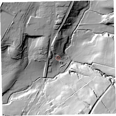 Shaded relief map of the ground around CA145XW, computed from Environment Agency LiDAR. The ground here sits at about 57 m above sea level and falls 63 m across the surrounding 800 m. Surface water reaching this point runs off ground lying to the north, 21.6 m higher.