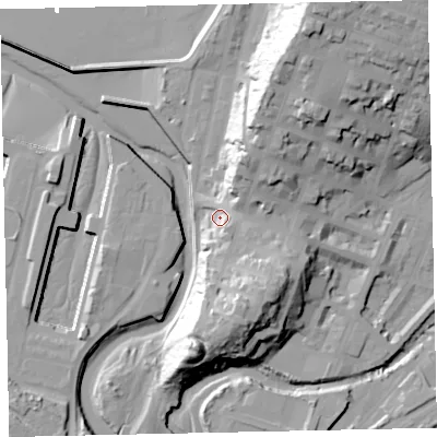 Shaded relief map of the ground around CA156AB, computed from Environment Agency LiDAR. The ground here sits at about 11 m above sea level and falls 42 m across the surrounding 800 m. Surface water reaching this point runs off ground lying to the south-south-east, 18.1 m higher.